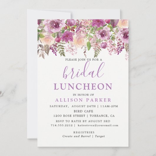 Paarse Lavendel Bloemen Bruids Luncheon Uitnodigin Kaart (Voorkant)
