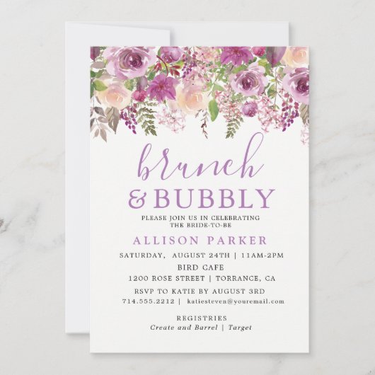 Paarse Lavendel Bloemen Brunch & Bubble Uitnodigin Kaart (Voorkant)