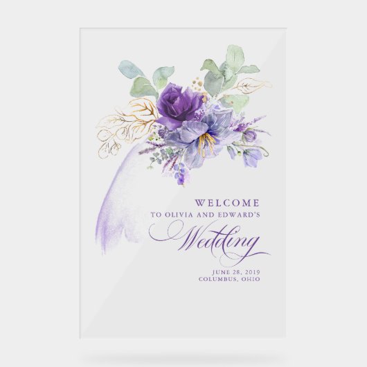 Paarse lavendel bloemen chic bruiloft welkom bord (Voorkant)