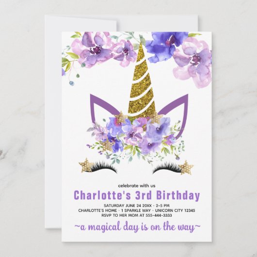 Paarse Lavendel Bloemen Eenhoorn Verjaardag Barty Kaart (Voorkant)