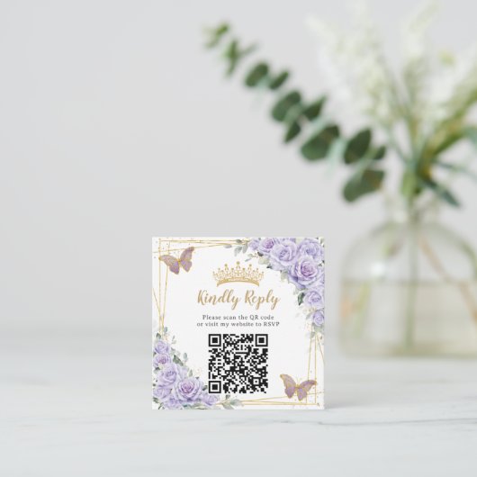 Paarse Lavendel Bloemen Goud Quinceañera QR Code Informatiekaartje (Staand voorkant)
