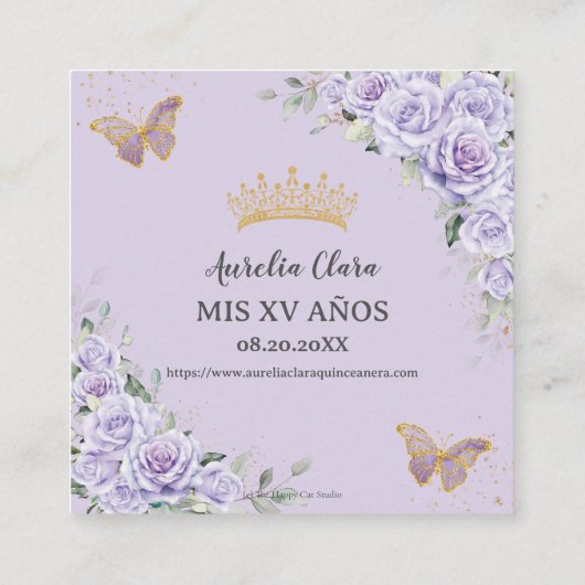 Paarse Lavendel Bloemen Goud Quinceañera QR Code Informatiekaartje (Achterkant)