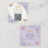Paarse Lavendel Bloemen Goud Quinceañera QR Code Informatiekaartje (Voorkant / Achterkant)