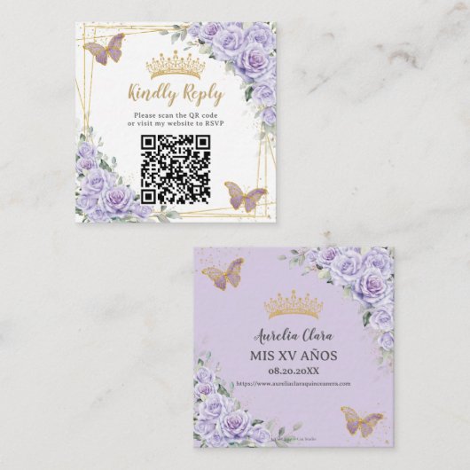 Paarse Lavendel Bloemen Goud Quinceañera QR Code Informatiekaartje (Voorkant / Achterkant)