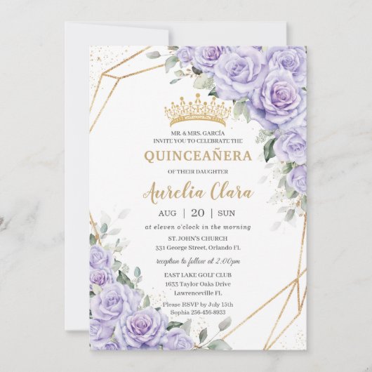 Paarse Lavendel Bloemen Gouden Quinceañera Kaart (Voorkant)