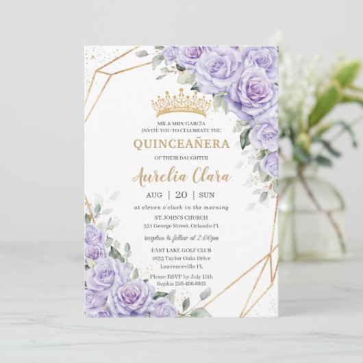 Paarse Lavendel Bloemen Gouden Quinceañera Kaart (Staand voorkant)