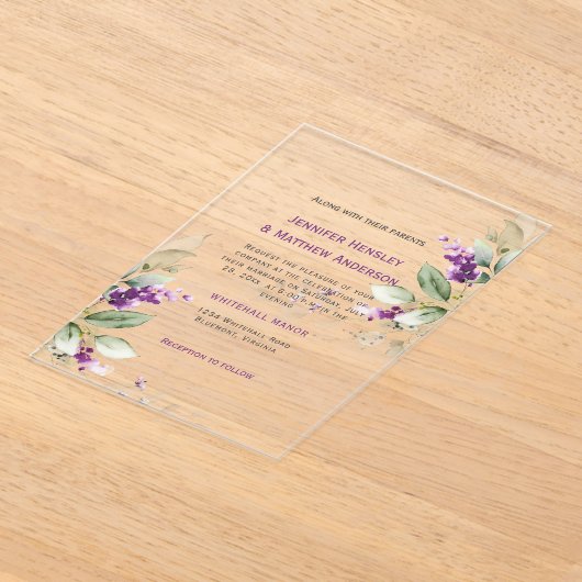 Paarse Lavendel Bloemen Groen Huwelijk Acryl Uitnodigingen (Laagn)