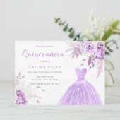 Paarse Lavendel Bloemen & Jurk Quinceanera Party Kaart (Staand voorkant)