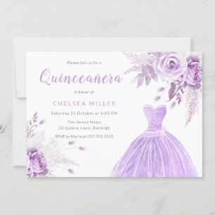 Paarse Lavendel Bloemen & Jurk Quinceanera Party Kaart