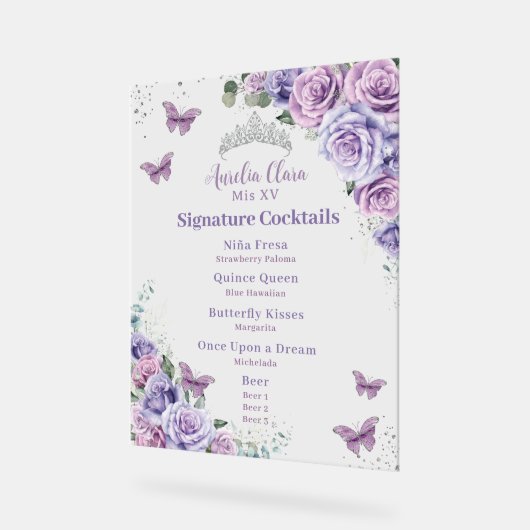 Paarse Lavendel Bloemen Quinceanera Bar Drink Menu Acryl Bord (Hoek)