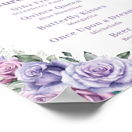 Paarse Lavendel Bloemen Quinceanera Drink Menu Poster (Hoek)
