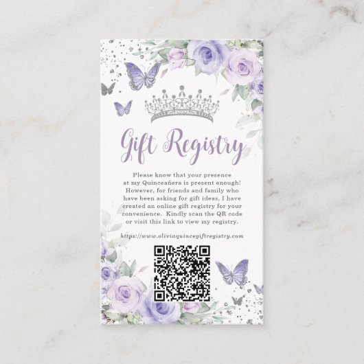 Paarse Lavendel Bloemen Quinceanera Gift Registry Informatiekaartje (Voorkant)