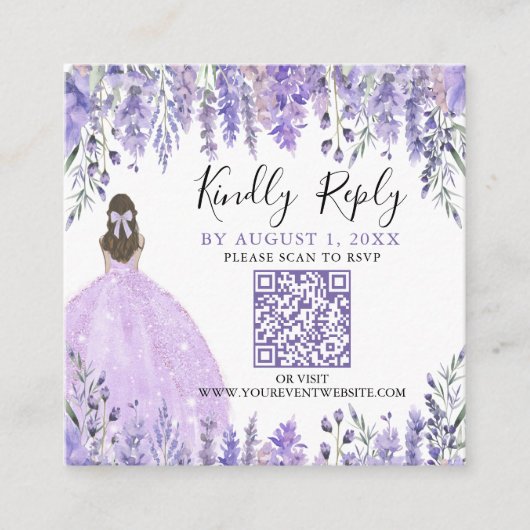 Paarse Lavendel Bloemen Quinceanera QR Code RSVP Informatiekaartje (Voorkant)