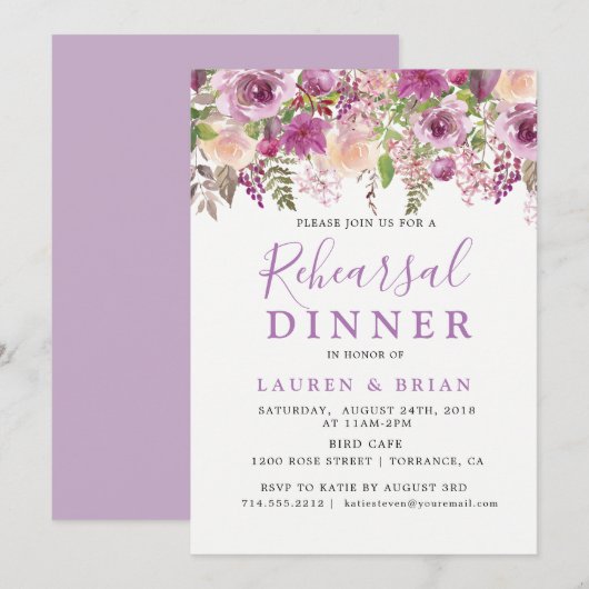 Paarse Lavendel Bloemen Repetitie Diner Uitnodigin Kaart (Voorkant / Achterkant)