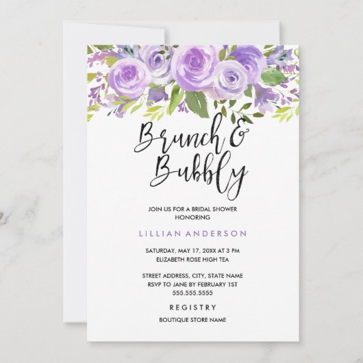 Paarse Lavendel Bloemen Roos Brunch en Bubble Kaart (Voorkant)