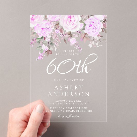 Paarse Lavendel Bloemen Vrouwen 60ste Verjaardagsf Acryl Uitnodigingen (Insitu (Draagbaar))