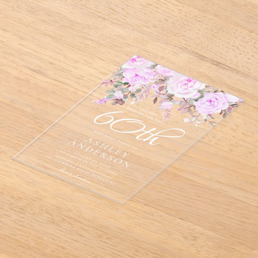 Paarse Lavendel Bloemen Vrouwen 60ste Verjaardagsf Acryl Uitnodigingen (Laagn)