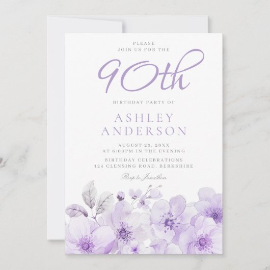 Paarse Lavendel Bloemen Waterverf 90ste Verjaardag Kaart (Voorkant)