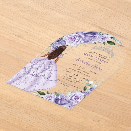 Paarse Lavendel Bloemen Zilver Quinceañera Sweet 1 Acryl Uitnodigingen (Laagn)