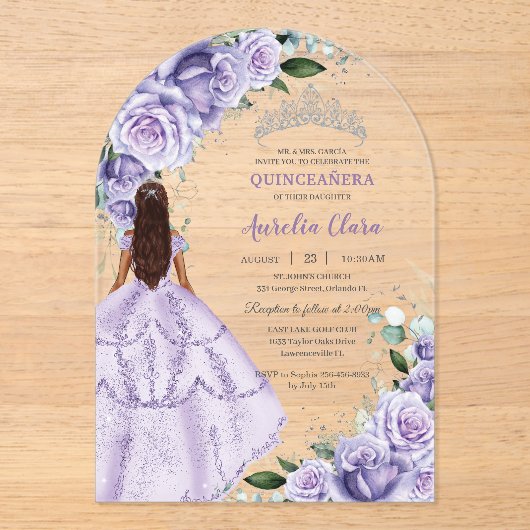 Paarse Lavendel Bloemen Zilver Quinceañera Sweet 1 Acryl Uitnodigingen (Voorkant)