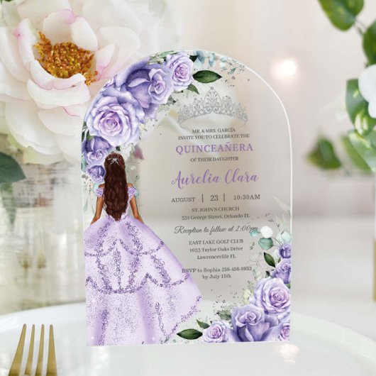 Paarse Lavendel Bloemen Zilver Quinceañera Sweet 1 Acryl Uitnodigingen