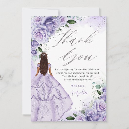 Paarse Lavendel Bloemen Zilver Quinceanera Sweet 1 Bedankkaart (Voorkant)