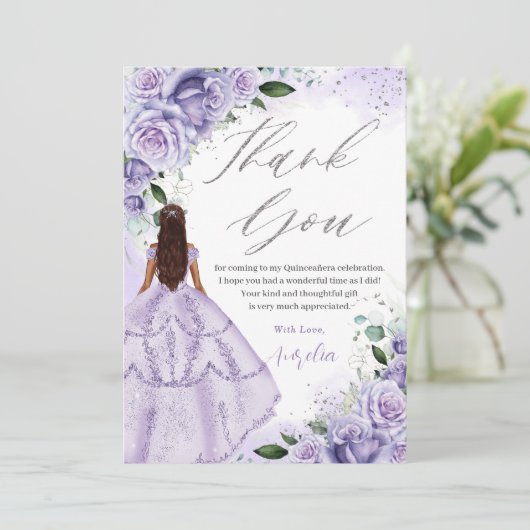 Paarse Lavendel Bloemen Zilver Quinceanera Sweet 1 Bedankkaart (Staand voorkant)