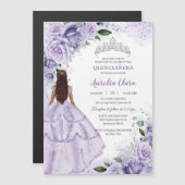 Paarse Lavendel Bloemen Zilver Quinceañera Sweet 1 Magnetische Uitnodiging (Voorkant / Achterkant)
