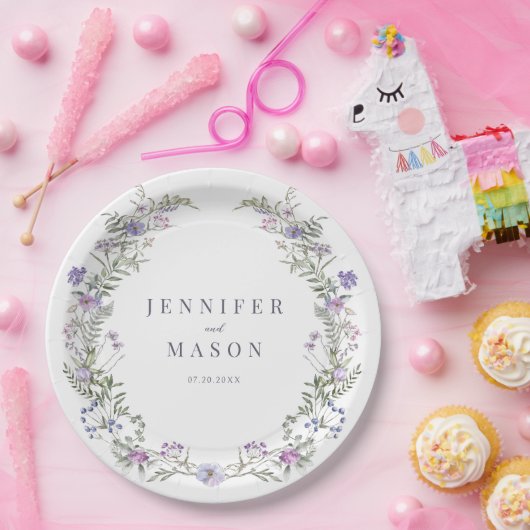 Paarse lavendel bloemenrustieke bruiloft papier bo papieren bordje (Feest)