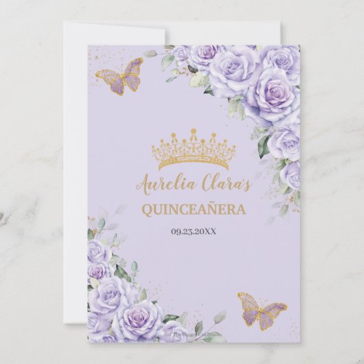 Paarse lavendel bloemenvlinder gouden quinceanera kaart (Achterkant)