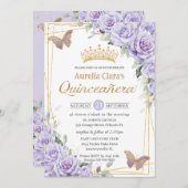 Paarse lavendel bloemenvlinder gouden quinceanera kaart (Voorkant / Achterkant)