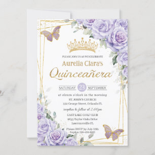 Paarse lavendel bloemenvlinder gouden quinceanera kaart