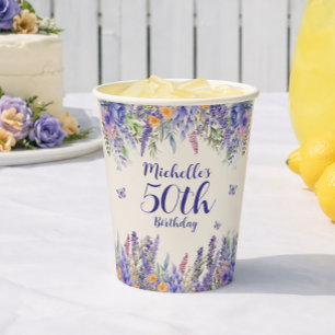 Paarse Lavendel Bloemige 50ste Verjaardag Papieren Bekers