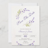 Paarse lavendel bloemige bruiloft save the date (Voorkant)