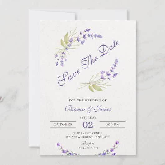 Paarse lavendel bloemige bruiloft save the date (Voorkant)
