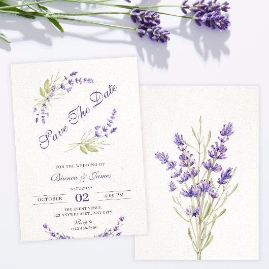 Paarse lavendel bloemige bruiloft save the date