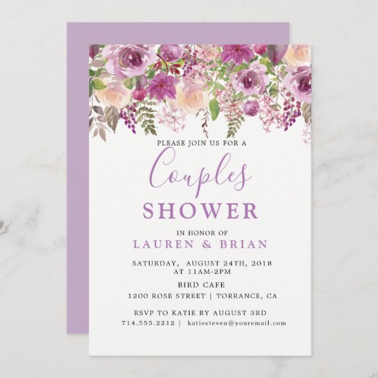 Paarse lavendel bloemige gemengde koppel shower kaart (Voorkant / Achterkant)