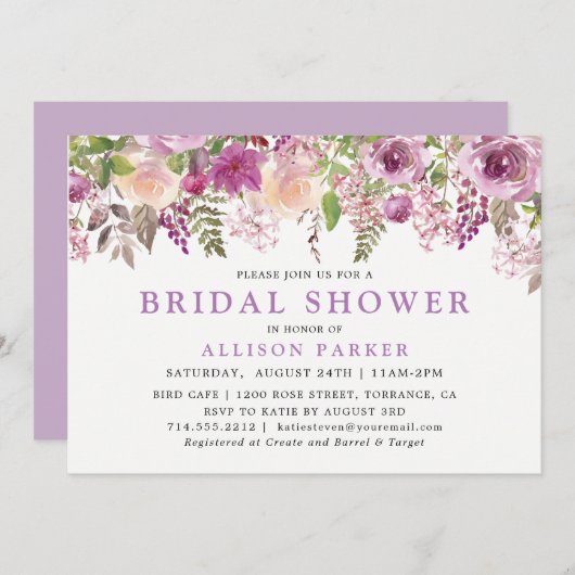 Paarse lavendel bloemige uitnodiging voor bruidsfe (Voorkant / Achterkant)