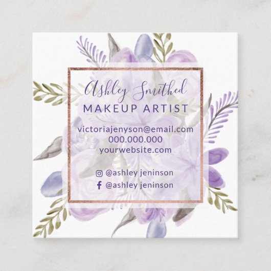 Paarse lavendel bloemige waterverf roos gouden mak vierkante visitekaartje (Voorkant)