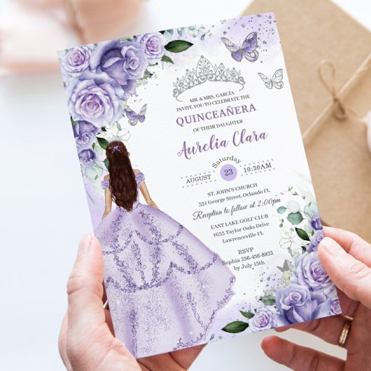 Paarse lavendel bloemige zilver Quinceanera Sweet Kaart