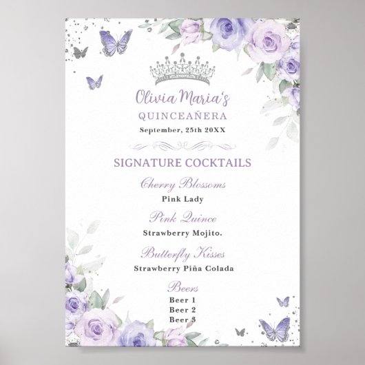 Paarse lavendel bloemige zilveren Quinceañera bar  Poster (Voorkant)