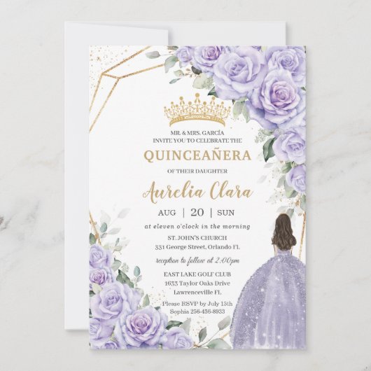 Paarse lavendel bloemprinses gouden quinceañera kaart (Voorkant)