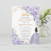 Paarse lavendel bloemprinses gouden quinceañera kaart (Staand voorkant)