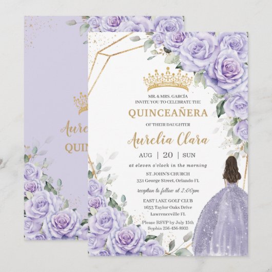 Paarse lavendel bloemprinses gouden quinceañera kaart (Voorkant / Achterkant)