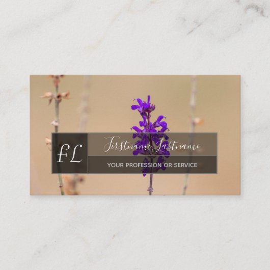Paarse lavendel blossom grijze rechthoek monogram visitekaartje (Voorkant)