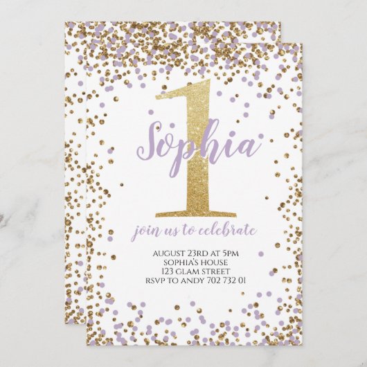 Paarse Lavendel Confetti Meisje Eerste Verjaardag  Kaart (Voorkant / Achterkant)