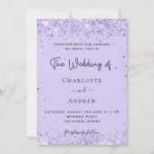 Paarse lavendel confetti script luxe trouw kaart (Voorkant)