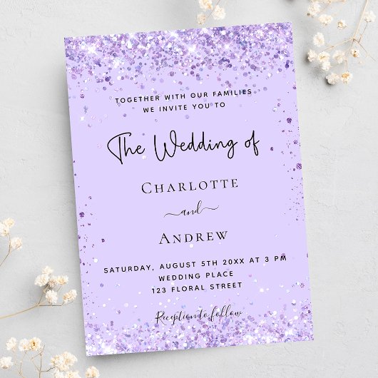 Paarse lavendel confetti script luxe trouw kaart