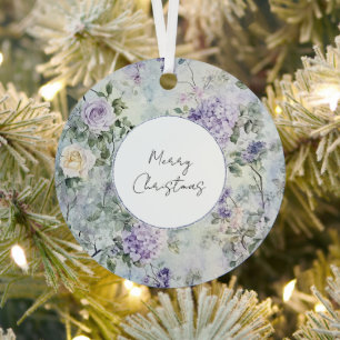 Paarse Lavendel Cream Roos Bloemen Kerst Metalen Ornament
