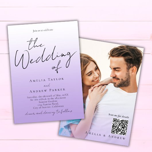 Paarse Lavendel Elegante Foto QR Code Bruiloft Kaart